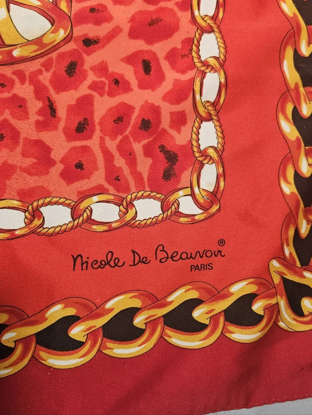Nicole De Beauvoir Paris VTG Baroque Italian Red Lg Square Silk Scarf Bag Charm